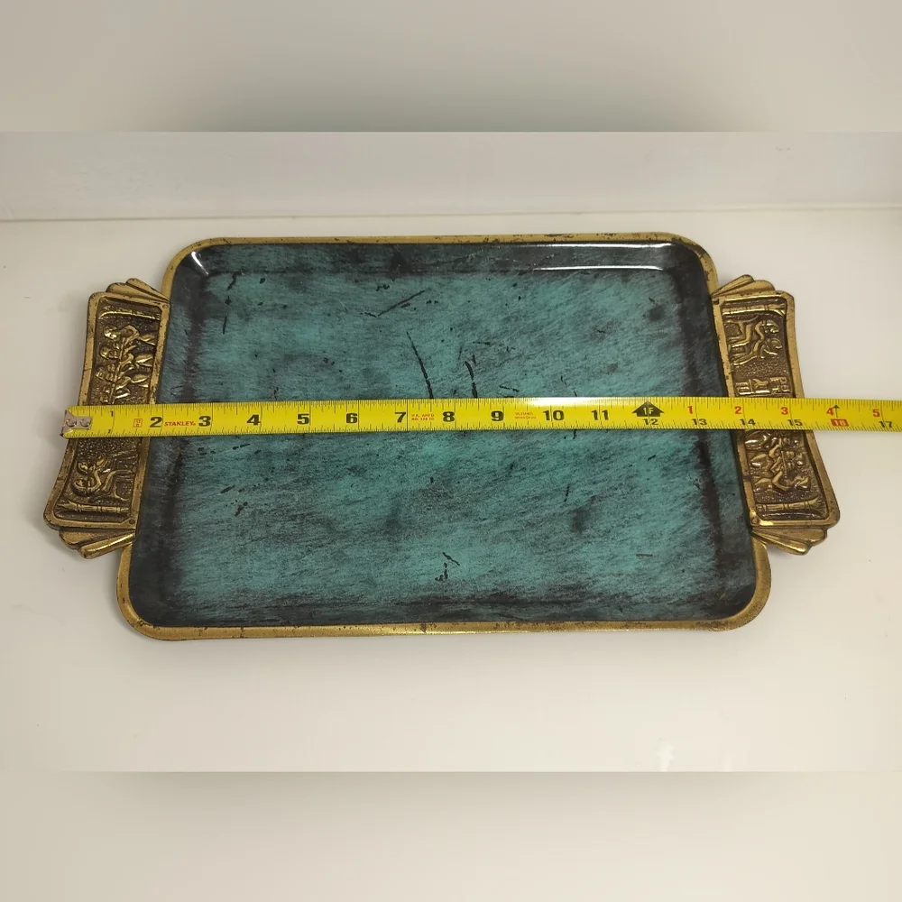 VINTAGE ENAMEL ON BRASS BLUE SERVING TRAY W/HANDLES MADE IN ISREAL 16